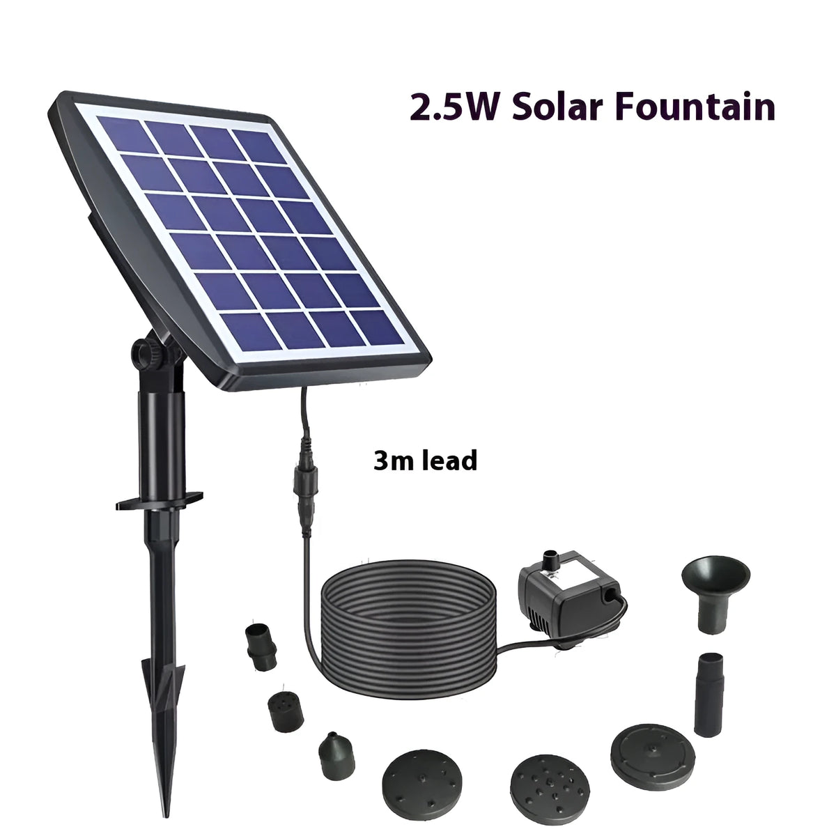 Solar floating fountain for garden pond, rockery, bird bath, or bathtub, program-controlled with 2.5W and 5W options