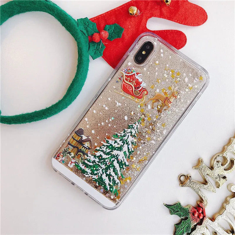 Quicksand effect transparent double-layer phone case for iPhone and Samsung models in various colours.