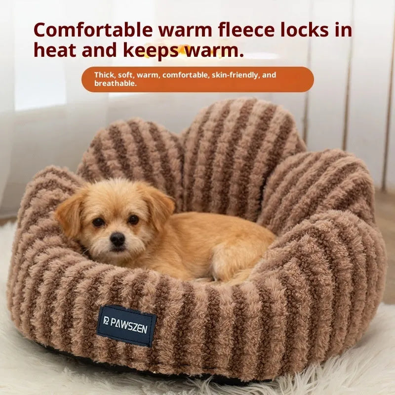 Petal cat nest thickened warm kennel in light blue or coffee striped flower nest, sizes small medium large