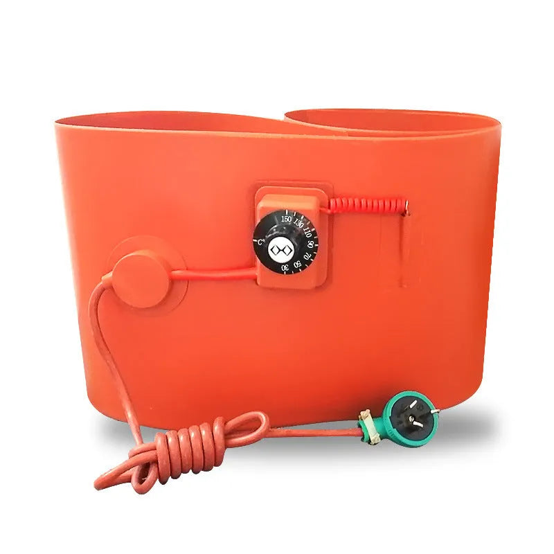 Silicone rubber heating belt wrapped around 200-litre oil drum with digital display control unit