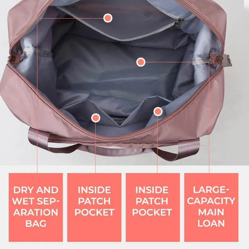 Versatile foldable travel bag for women with waterproof and spacious design, featuring various interior pockets and carrying options.