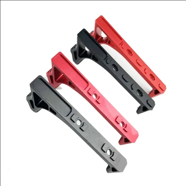 Black and red aluminium rifle handstops for M-LOK and KEY-MOD attachment systems on an AR-15 handguard.