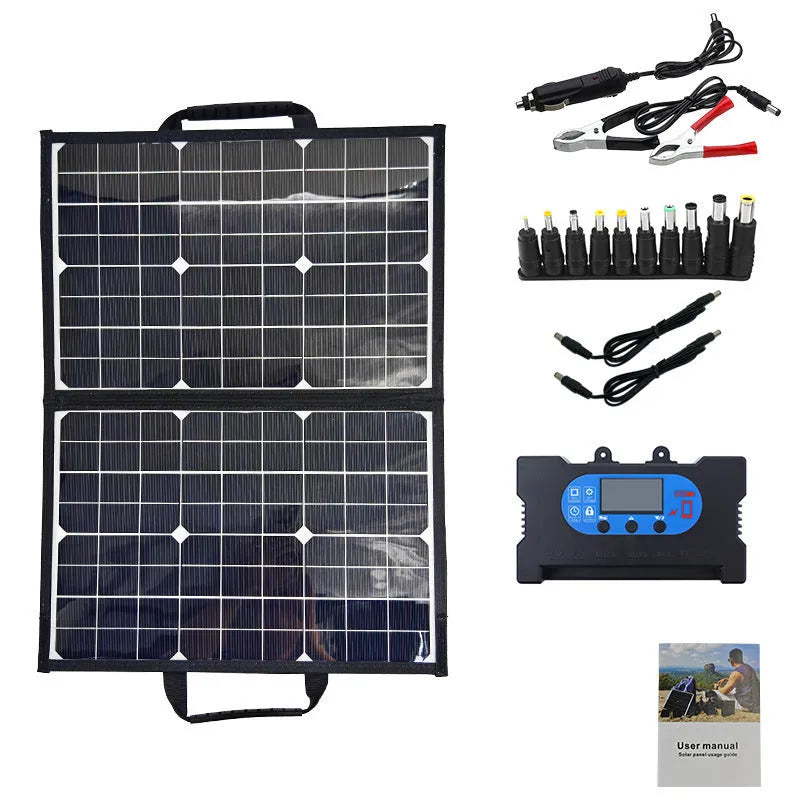 Black folding bag solar panel showing compact folded size, suitable for outdoor portable power.