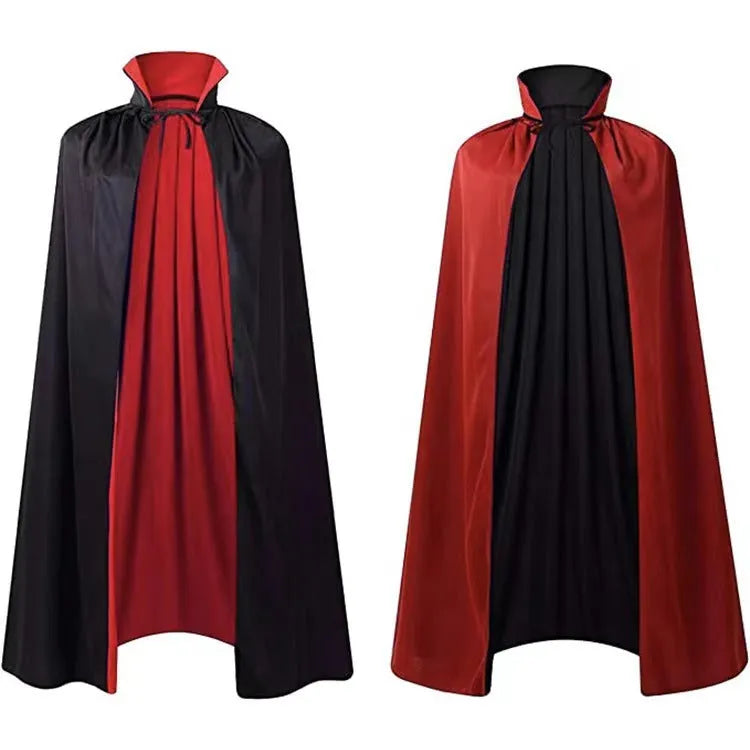 Reversible black satin hooded cloak for Halloween costume displayed flat.
