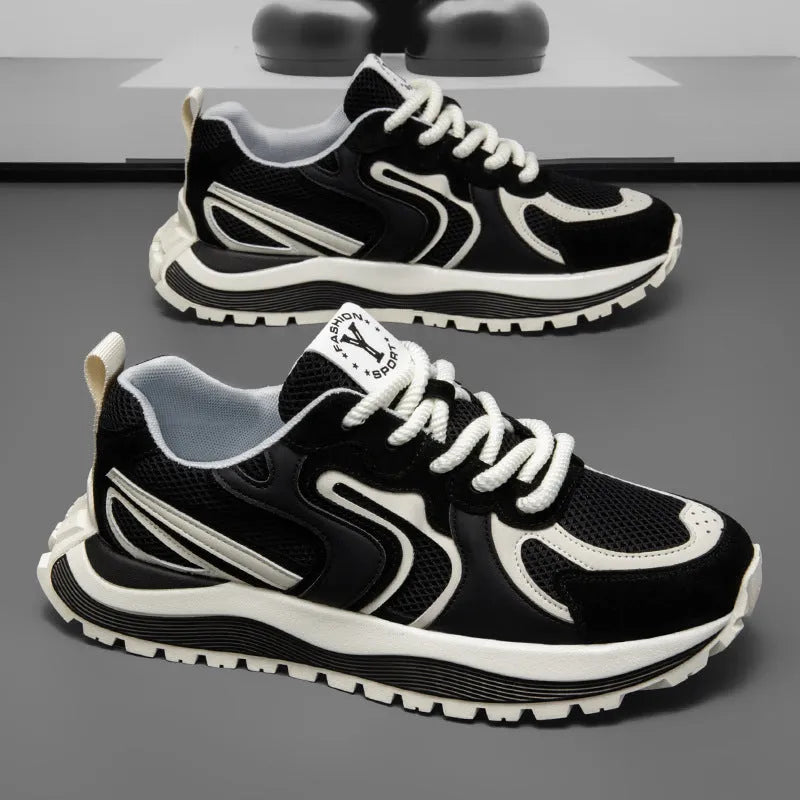 Men's casual sneakers in black, white, or yellow with round toe and lace-up design