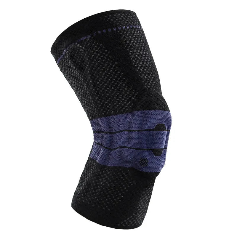 Adult sports knee pad in black and blue colour, made from nylon and spandex, shown on a knee.