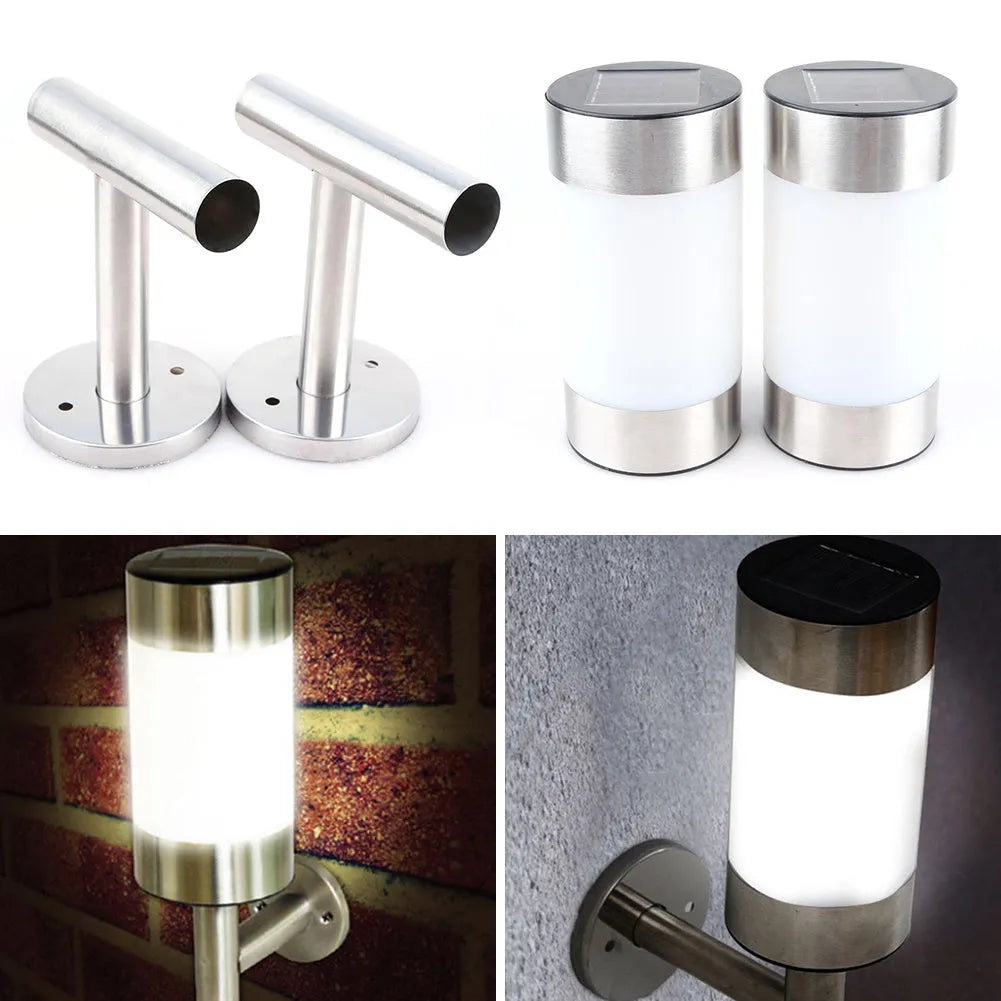White solar garden wall light with stainless steel mounting bracket measuring 25cm tall