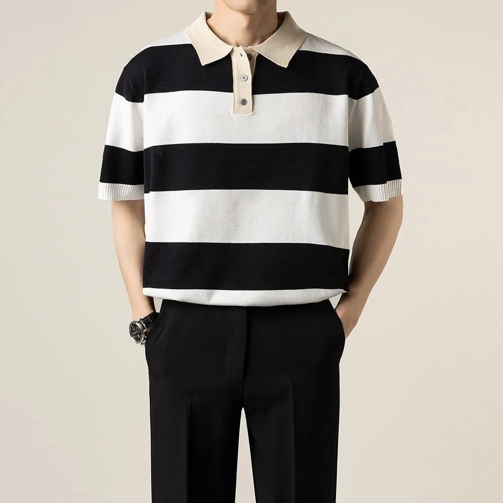 Business striped short-sleeved T-shirt men polyester, B226 black high quality option, front view