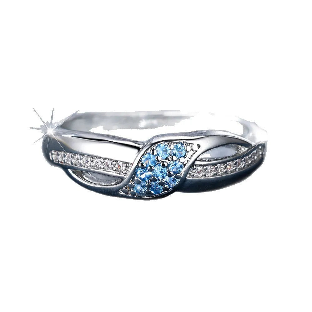 Copper geometric ring with sea blue diamond edge and white diamond leaf inlay, women's simple style