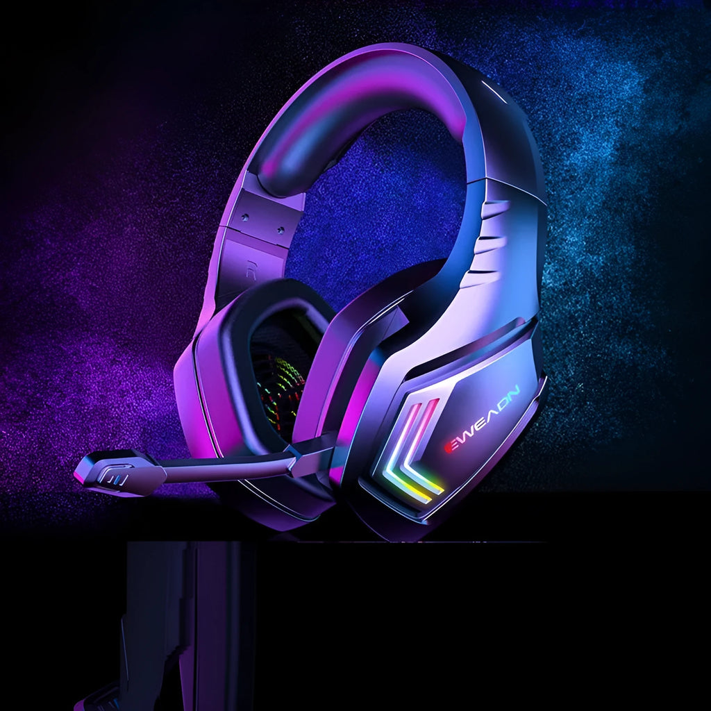 Black over-ear wireless Bluetooth headset with RGB LED lights and noise cancellation.