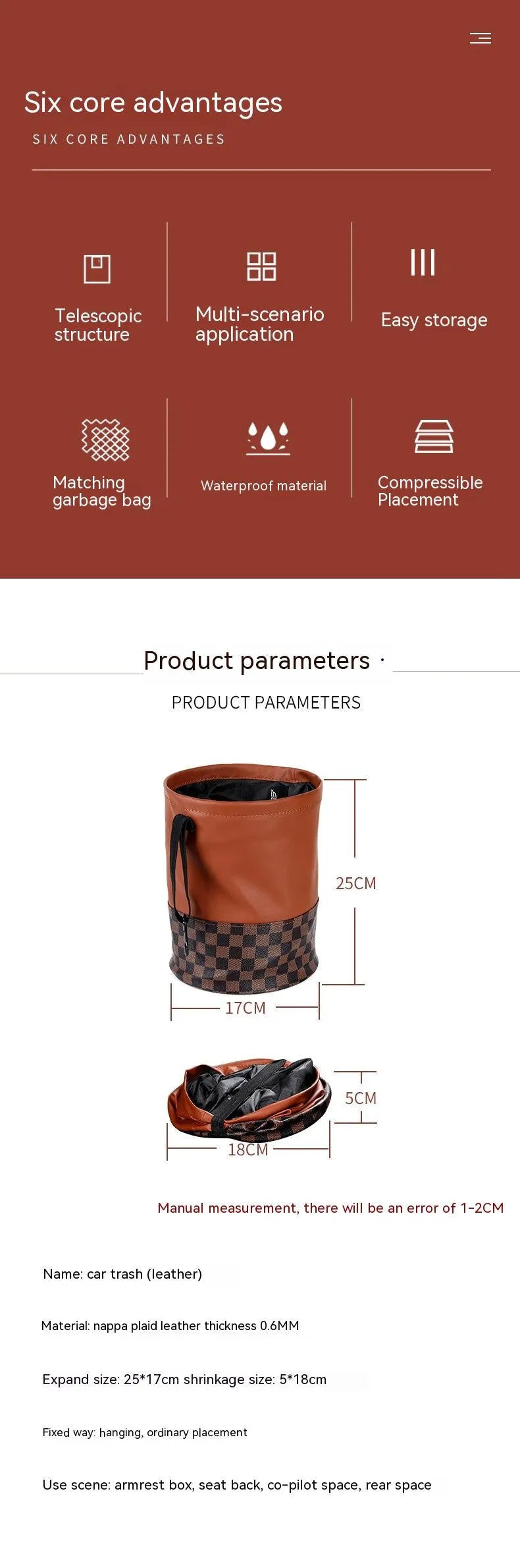 Black retractable leather car trash can with handle shown in folded and expanded states