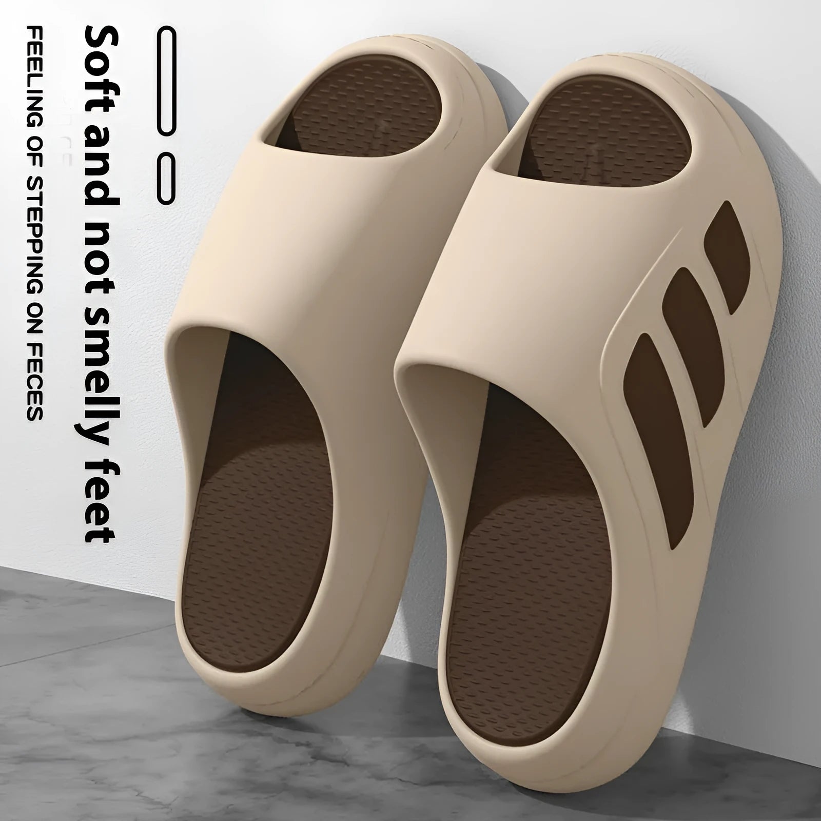 Brown and two-tone EVA platform slippers for indoor home use, shown in flip-flop style.