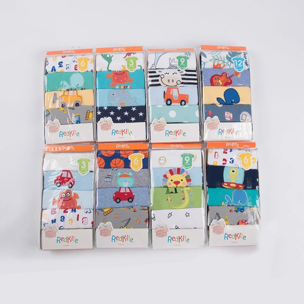 Baby Triangle Harmony 5-piece cotton bodysuit set with random colour, sizes 3 months to 24 months