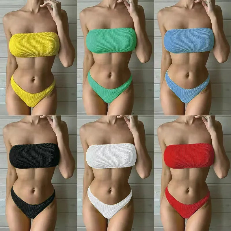 Women's solid colour high-waisted bikini with tube top in nylon polyester fabric