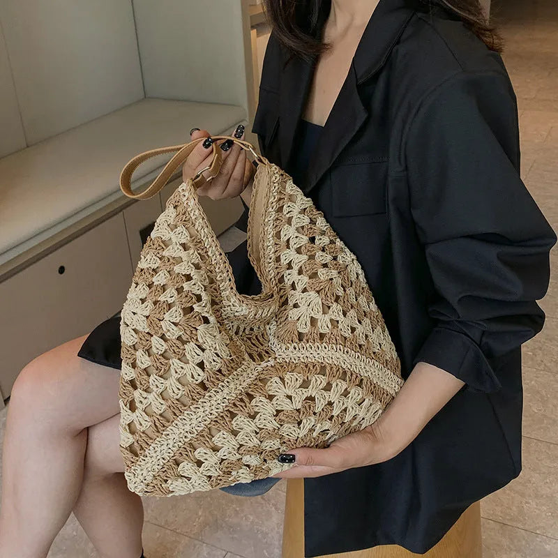 Handmade paper straw woven shoulder bag with hollow contrast colour weave and polyester lining in khaki beige or black khaki.