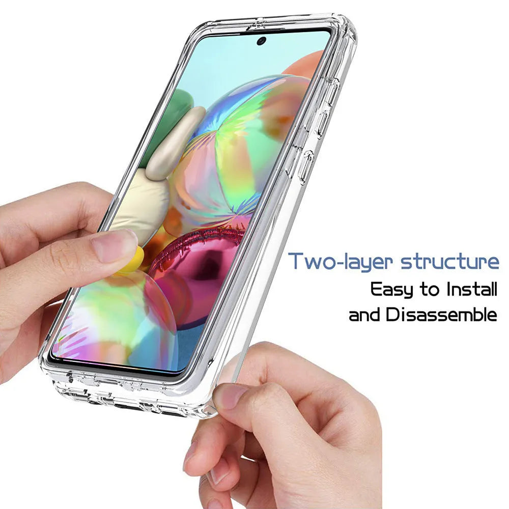 Transparent Samsung Galaxy phone case showing PC back cover and TPU edges for drop protection