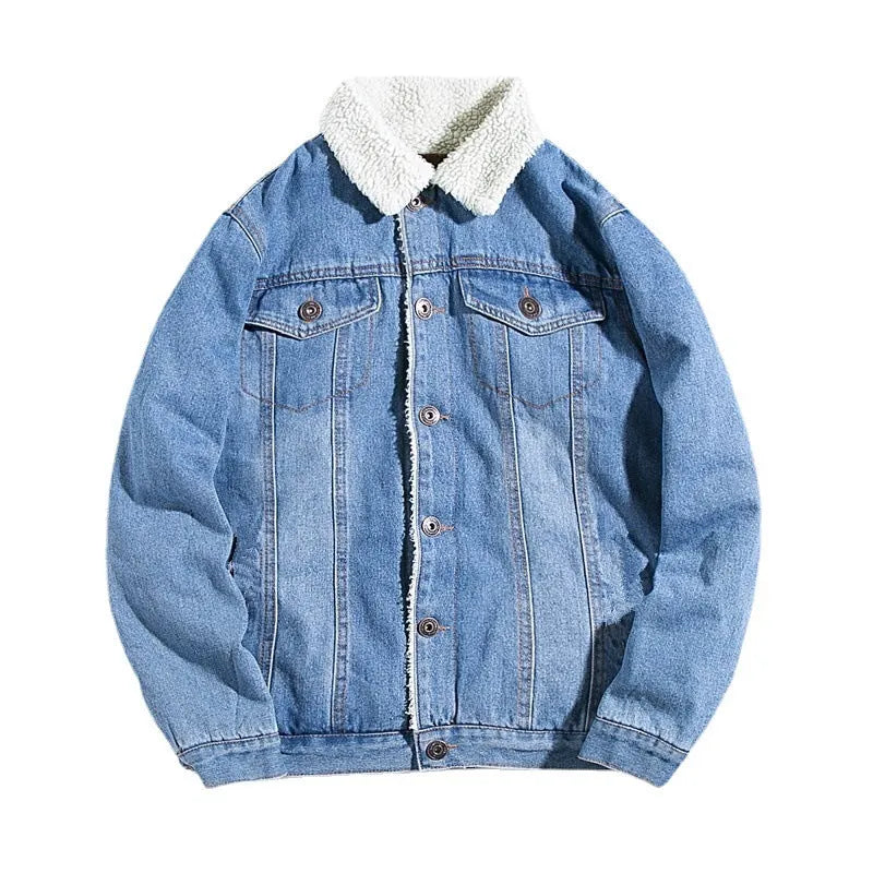 Men's fleece-lined denim coat, loose fit, long drawstring sleeves, sizes S-4XL, black light blue dark blue.