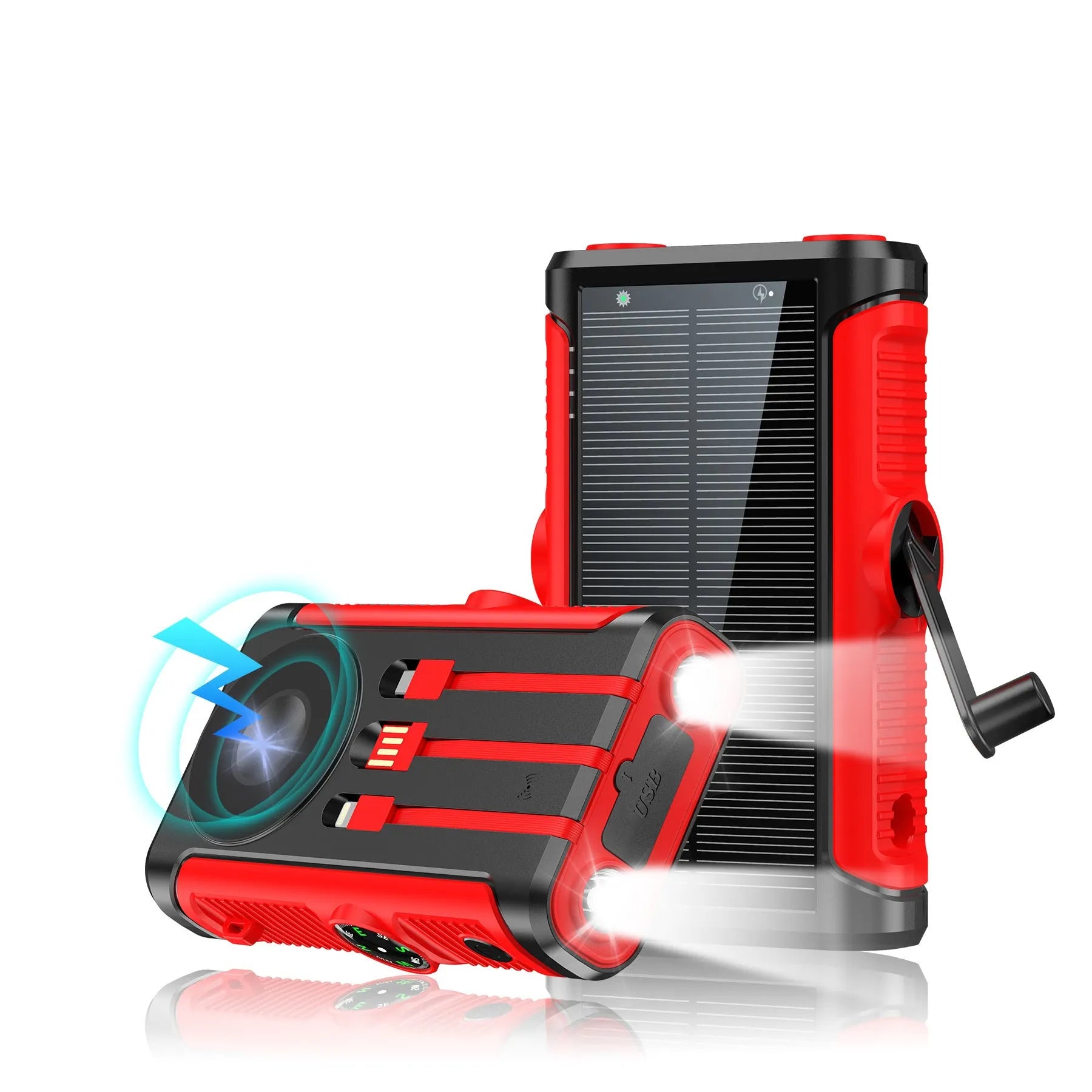 Solar outdoor camping hand crank power bank in black with orange accents, 20000mAh, plastic shell, compact 16.65x8.55x3.5cm