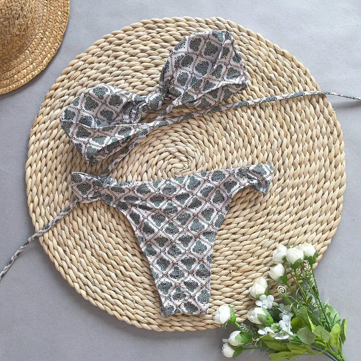 Grey nylon push-up bikini set with briefs, two-piece women's swimsuit in sizes S M L