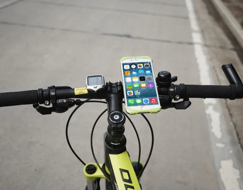 Silicone bicycle phone holder mounted on handlebars showing 3 adjustment holes and secure locking mechanism