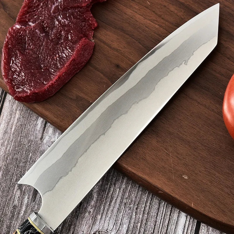 Stainless steel chef knife with 440C blade and turquoise resin handle on cutting board