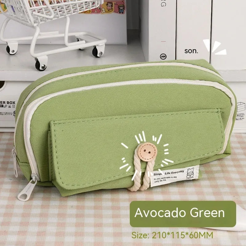 Large capacity canvas pencil case in green, holding multiple pens, simple Korean style design.
