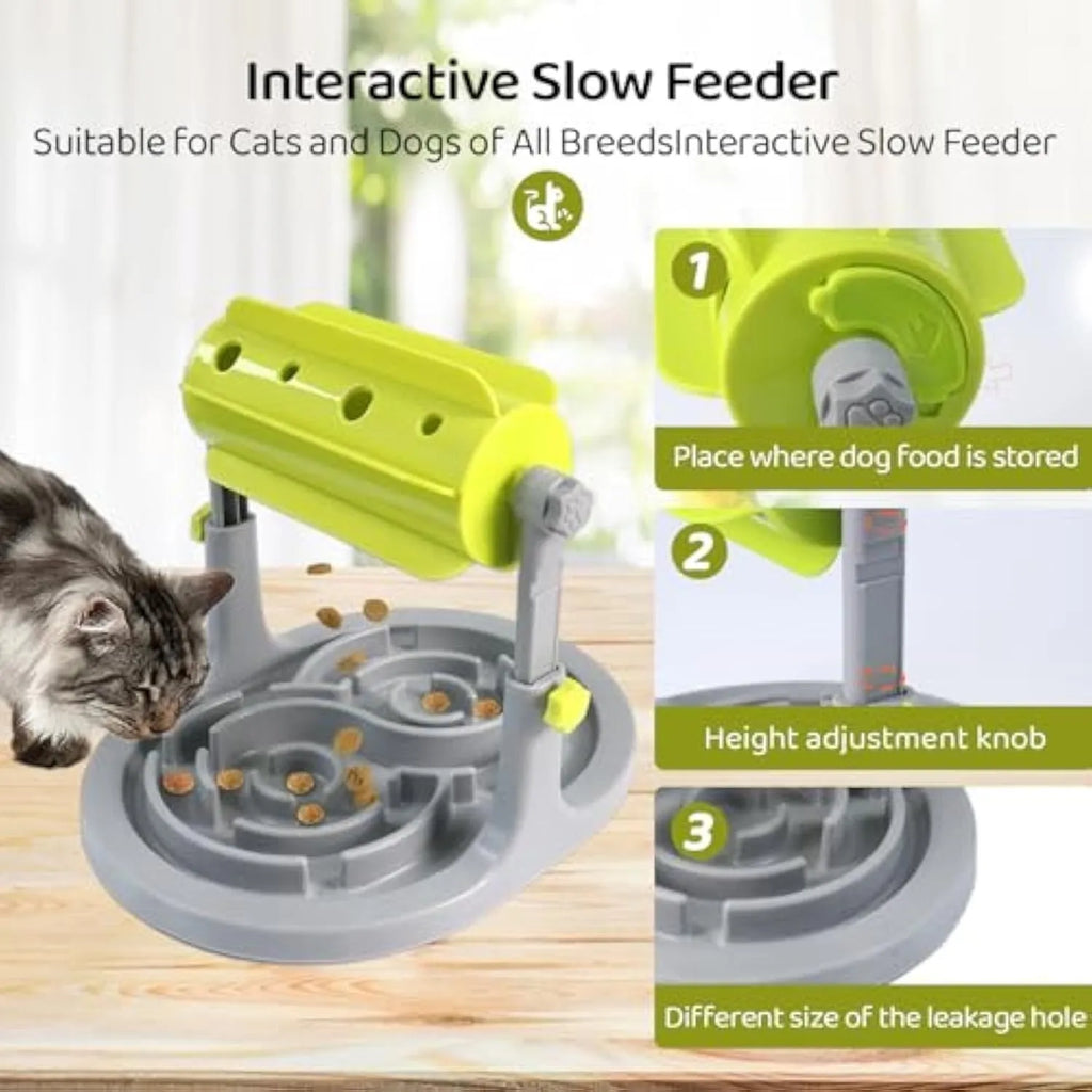 Interactive pet puzzle slow feeder bowl with adjustable height in blue, green, or pink