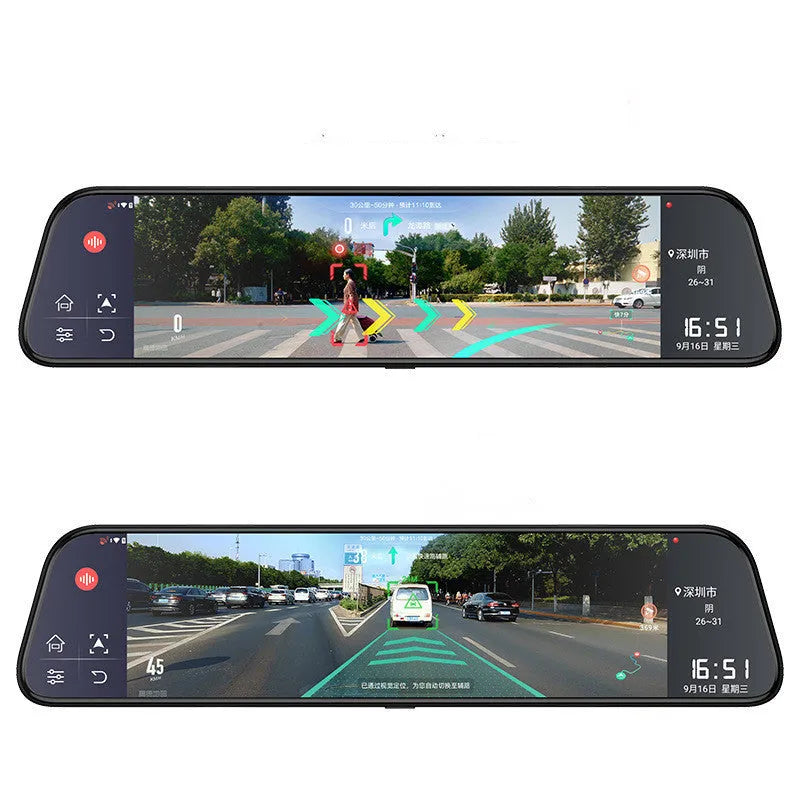 12-inch rearview mirror dash cam with touch screen display showing dual lens recording interface