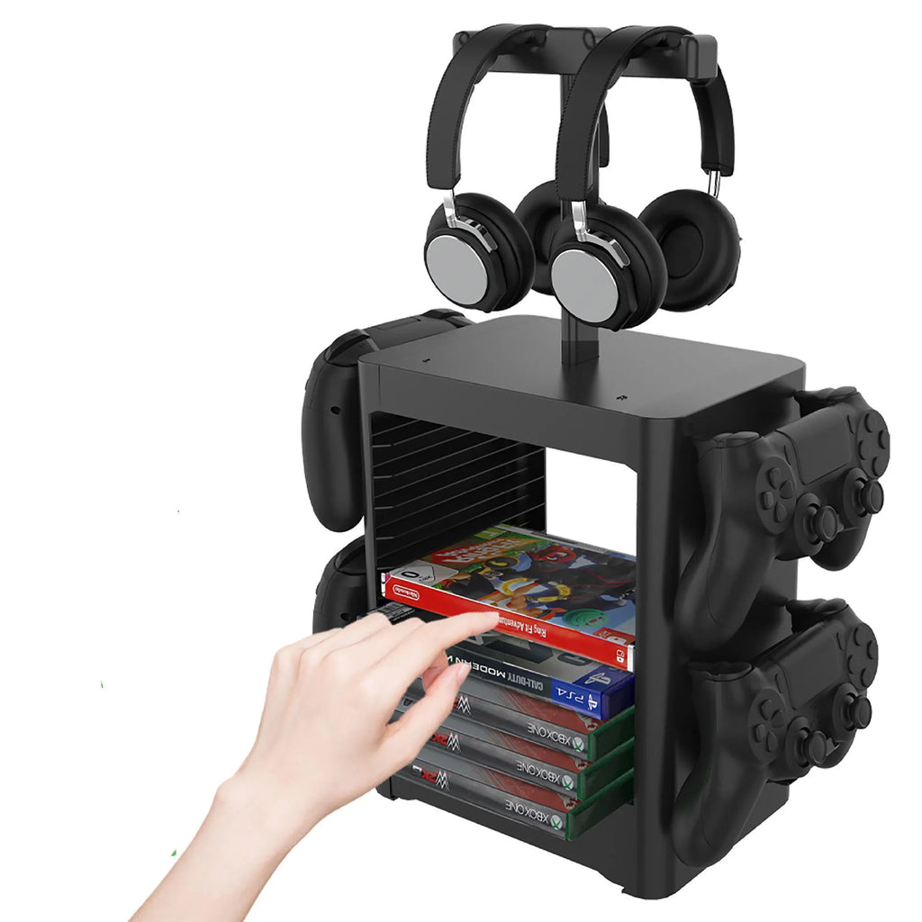 Black ABS gaming console storage rack with controller hooks, headphone top, and drawer for PS5 Xbox Switch accessories