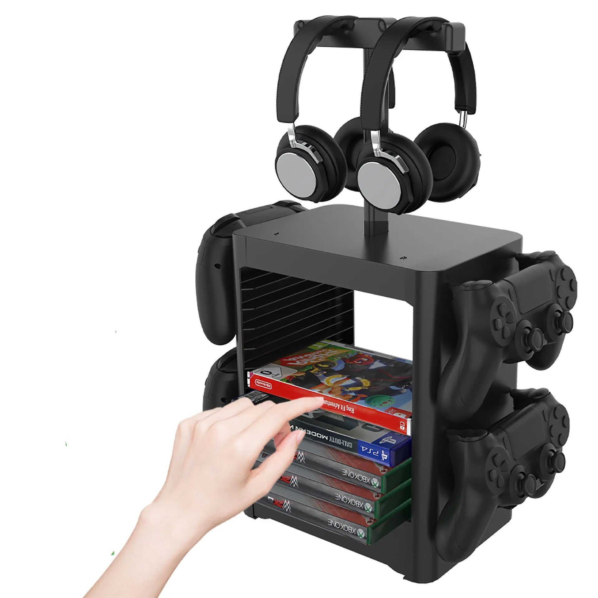 Black ABS gaming console storage rack with controller hooks, headphone top, and drawer for PS5 Xbox Switch accessories