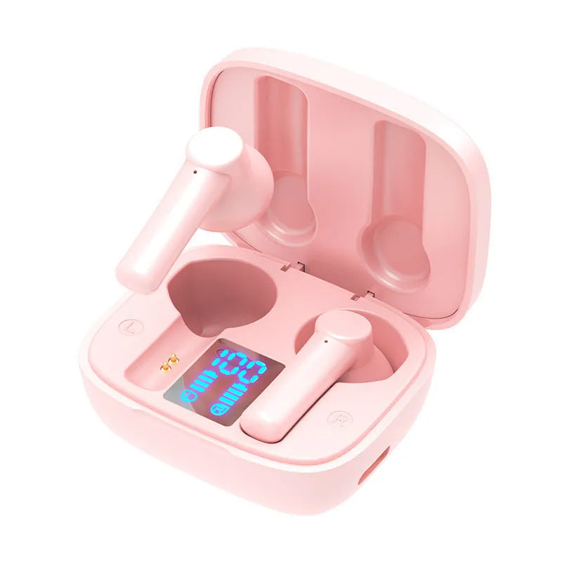 Black white and pink waterproof Bluetooth sports earbuds with charging bin and LED display
