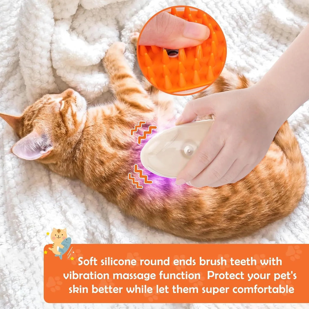Yellow 4-in-1 cat steam brush with silicone bristles, water tank, and UV lamp for grooming and ringworm detection.