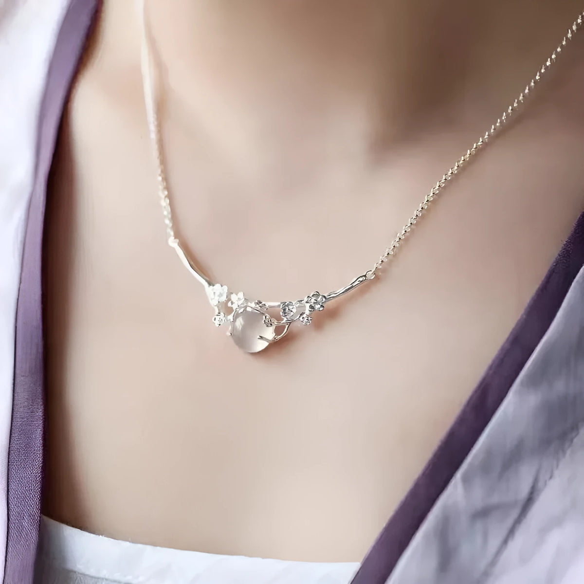 Plated 925 inlaid moonlight white chalcedony moon shadow cold plum necklace white gold copper pendant cross chain