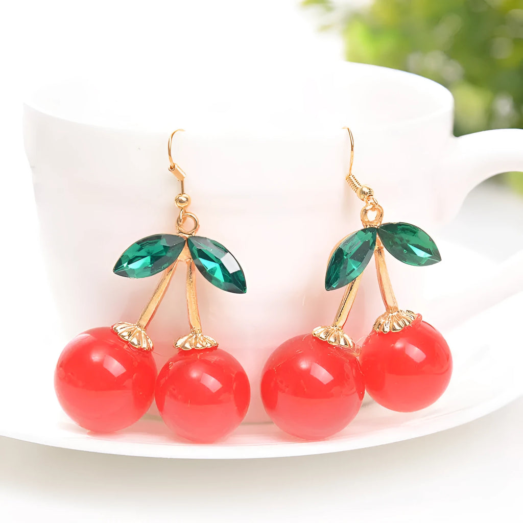 Red plastic cherry earrings with drip oil finish, large size for women