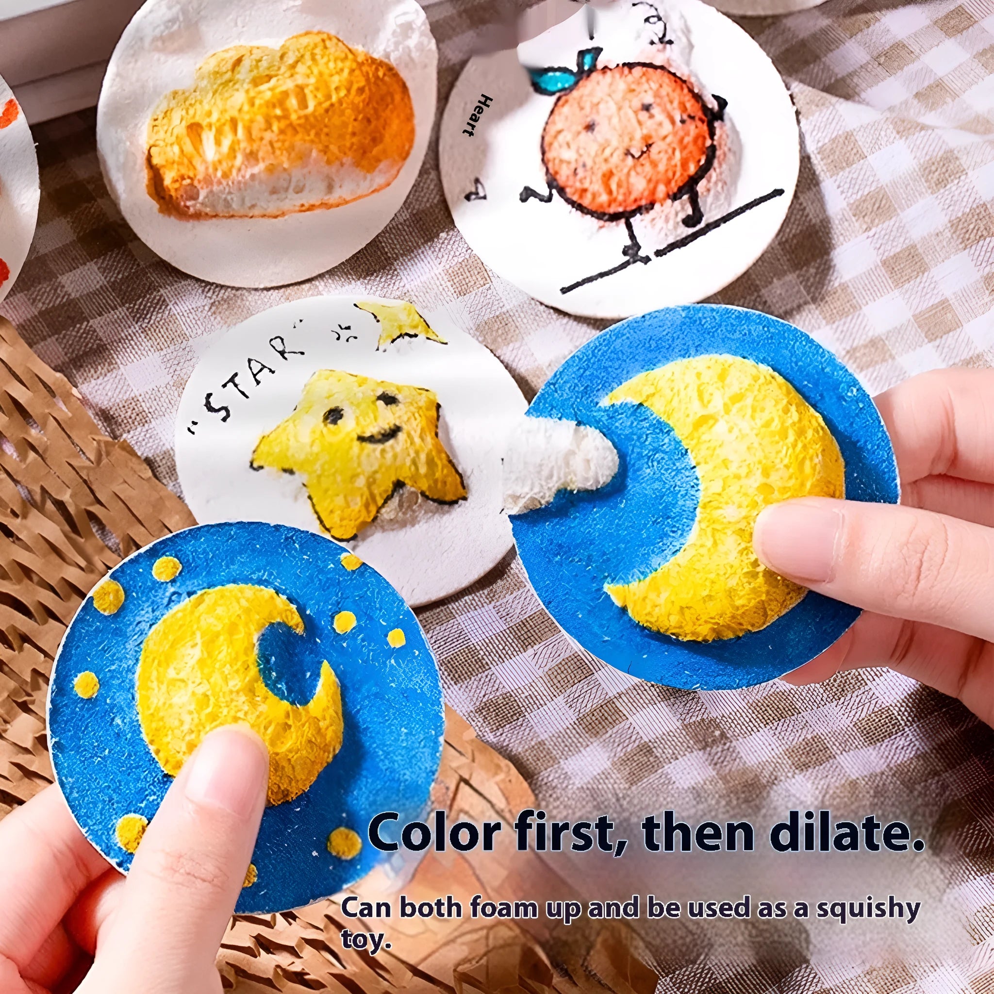 Cartoon painting sponge set with wood pulp paper, six fountain pens, and heart, round, and square shaped sponges