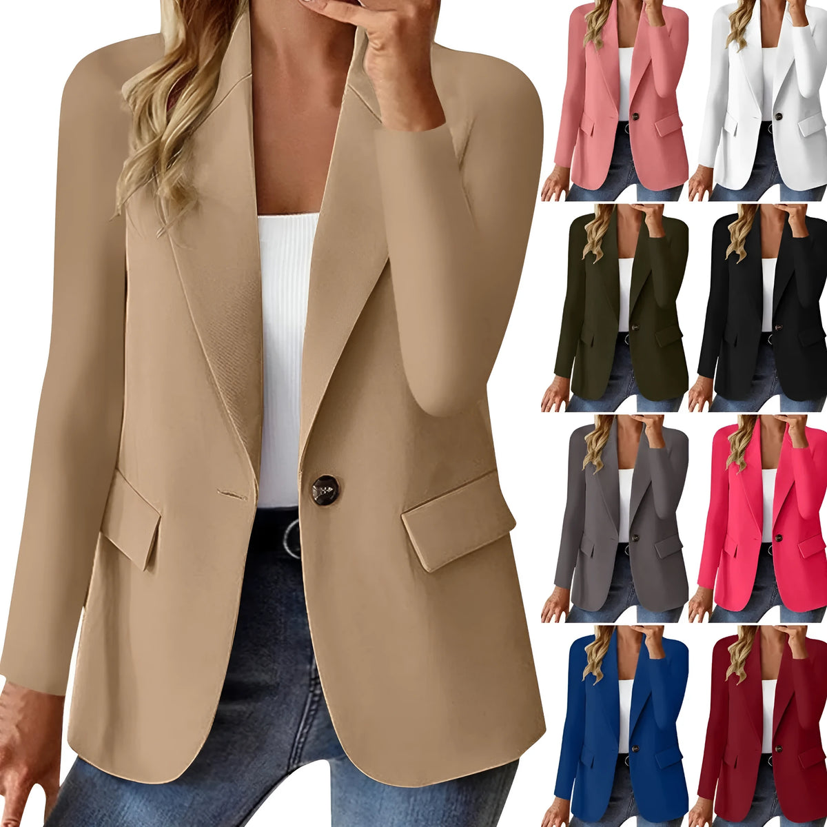 Women's long sleeve solid colour cardigan suit jacket with pocket, slim fit, shown in multiple colours