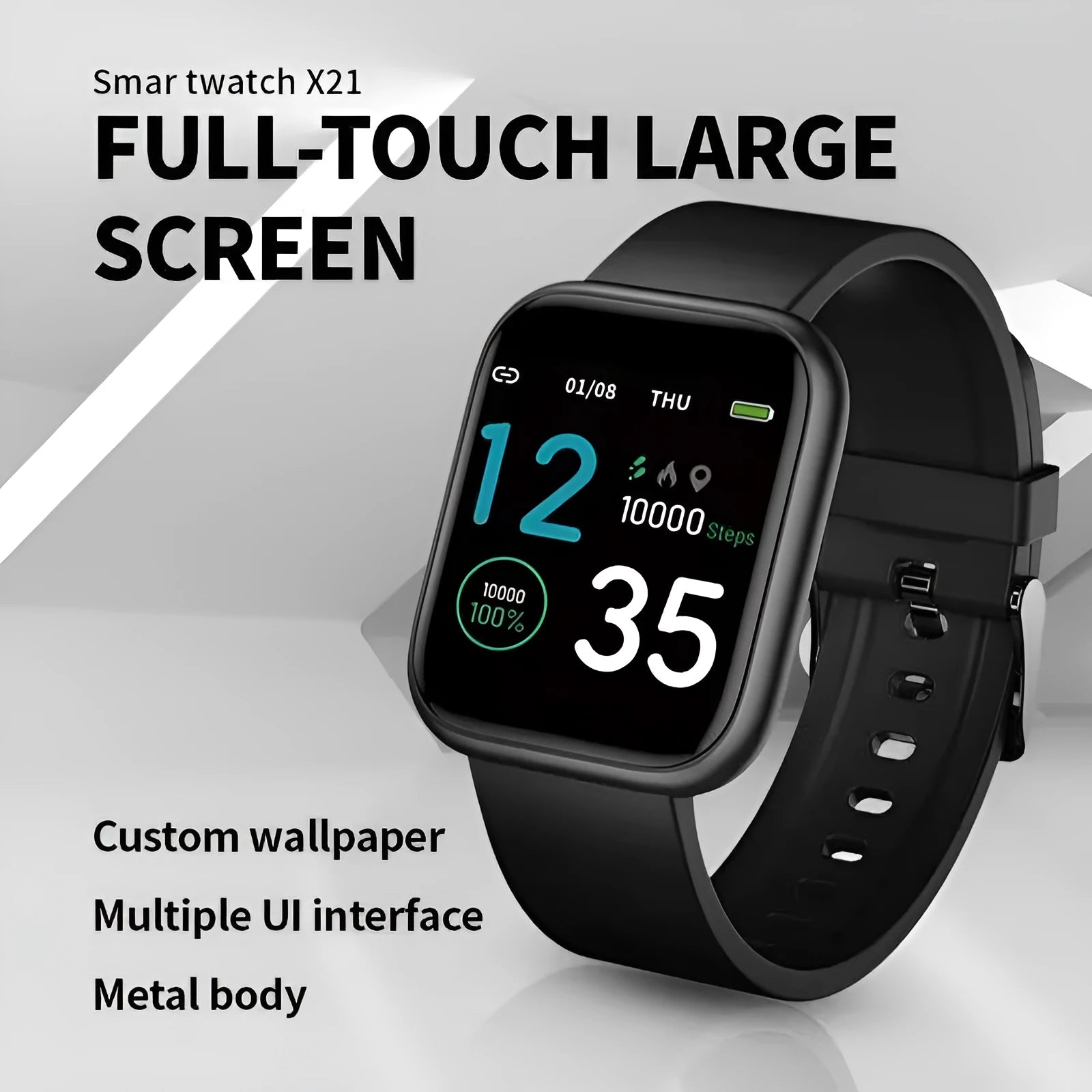 Black smart watch with a colour touch screen displaying health metrics including heart rate and blood oxygen.