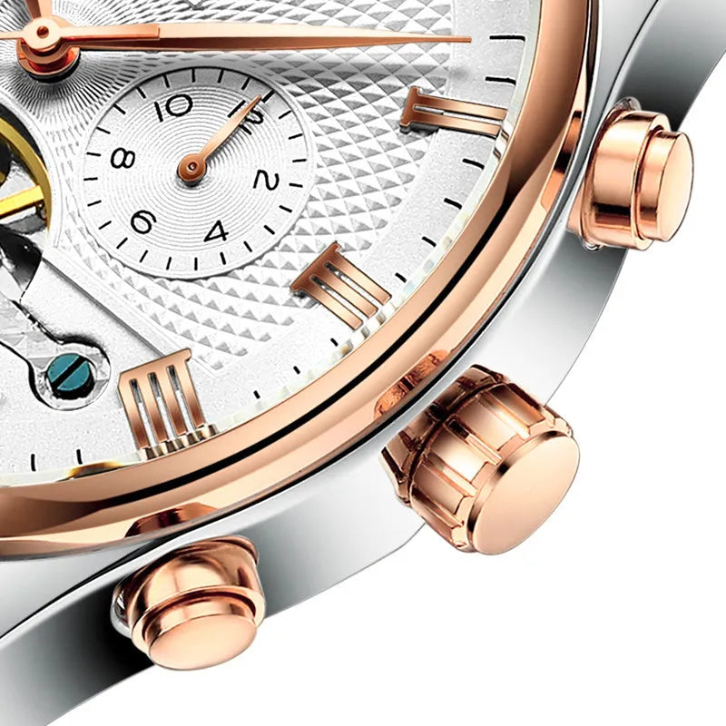 Men's automatic hollow tourbillon mechanical watch with 42mm dial and leather band on wrist