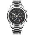 Men's mechanical wristwatch with perpetual calendar and moon phase display on a leather strap.
