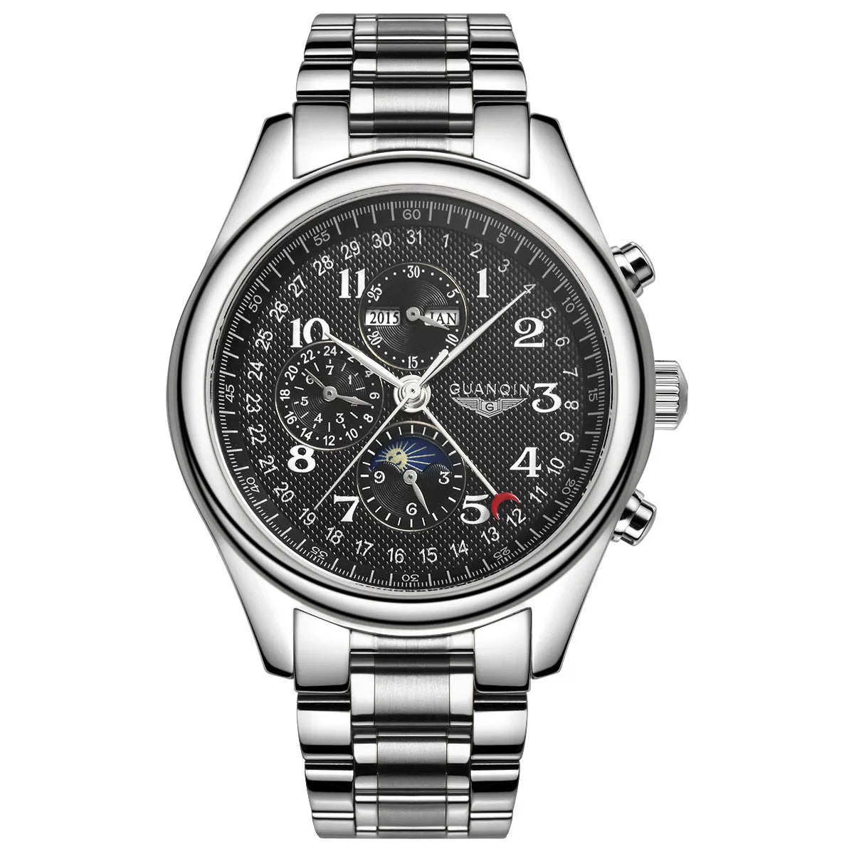 Men's mechanical wristwatch with perpetual calendar and moon phase display on a leather strap.