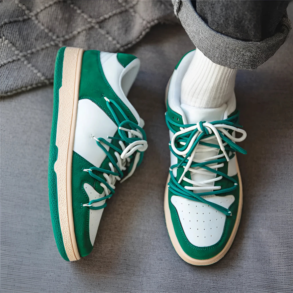 Men's low-top lace-up sneaker in beige with height increase, microfiber upper, and rubber sole on flat surface