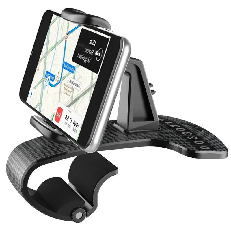 Black 360-degree adjustable universal car phone mount shown on car dashboard holding smartphone