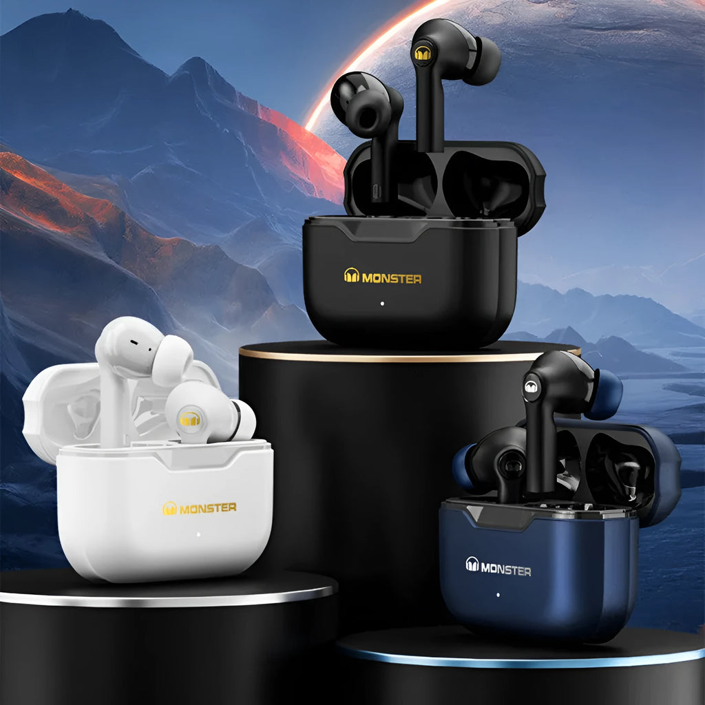 True wireless Bluetooth headset in black, white or blue colours showing in-ear design with separate left and right earpieces