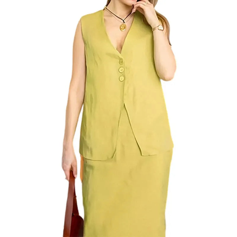 Women's casual two-piece set with sleeveless vest and long skirt in white, blue or yellow