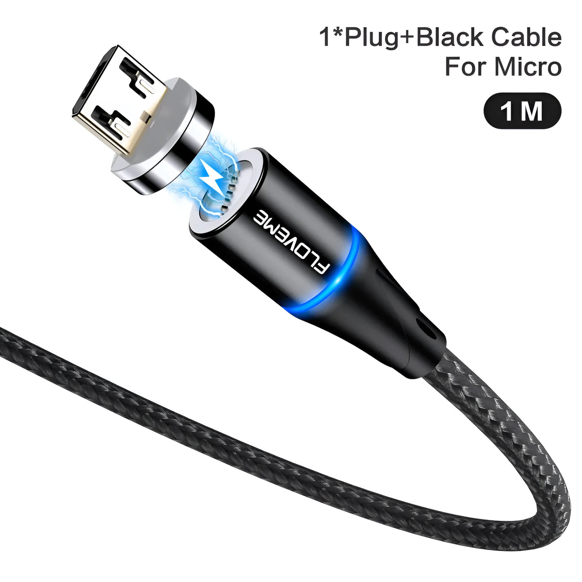 Black 3A fast charge magnetic data cable with 3-in-1 connector for iPhone, Android and Type-C.