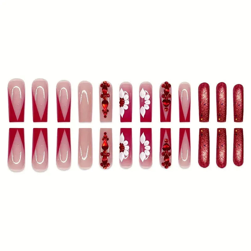 Sweet flowers pattern prismatic red diamond artificial nails in long European square style