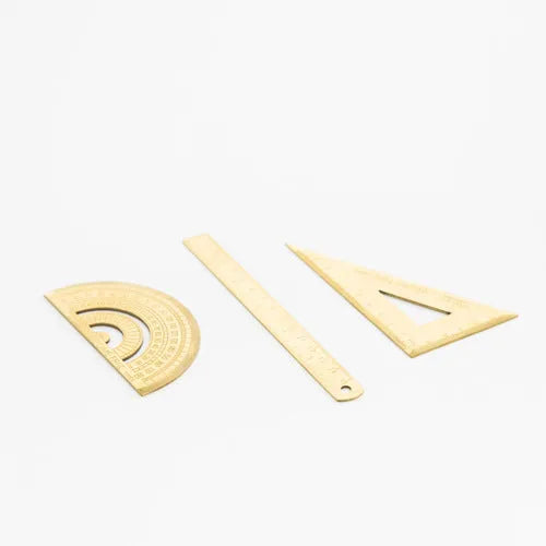 Stainless steel ruler set with protractor, triangle plate, and ruler in transparent pocket