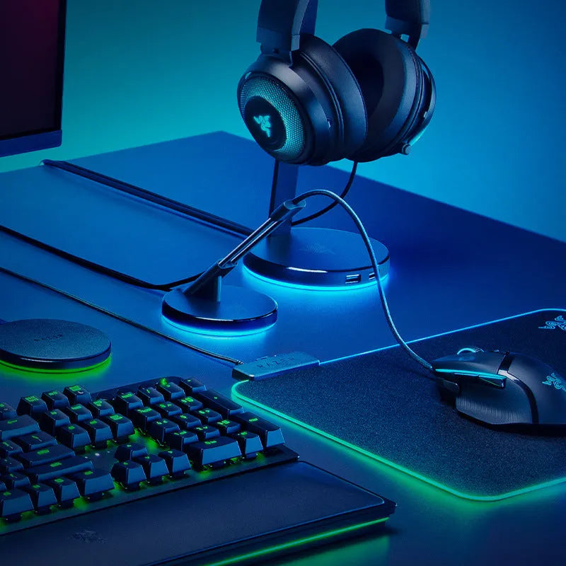 Thunder Snake V3 Magic Colour mouse cable fastener with RGB lighting on black desktop