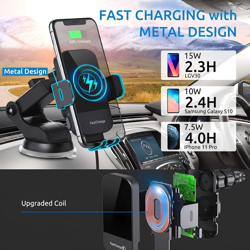 Black car wireless charging stand with 15W fast charging, shown with air vent clip and dashboard tripod mounting options.