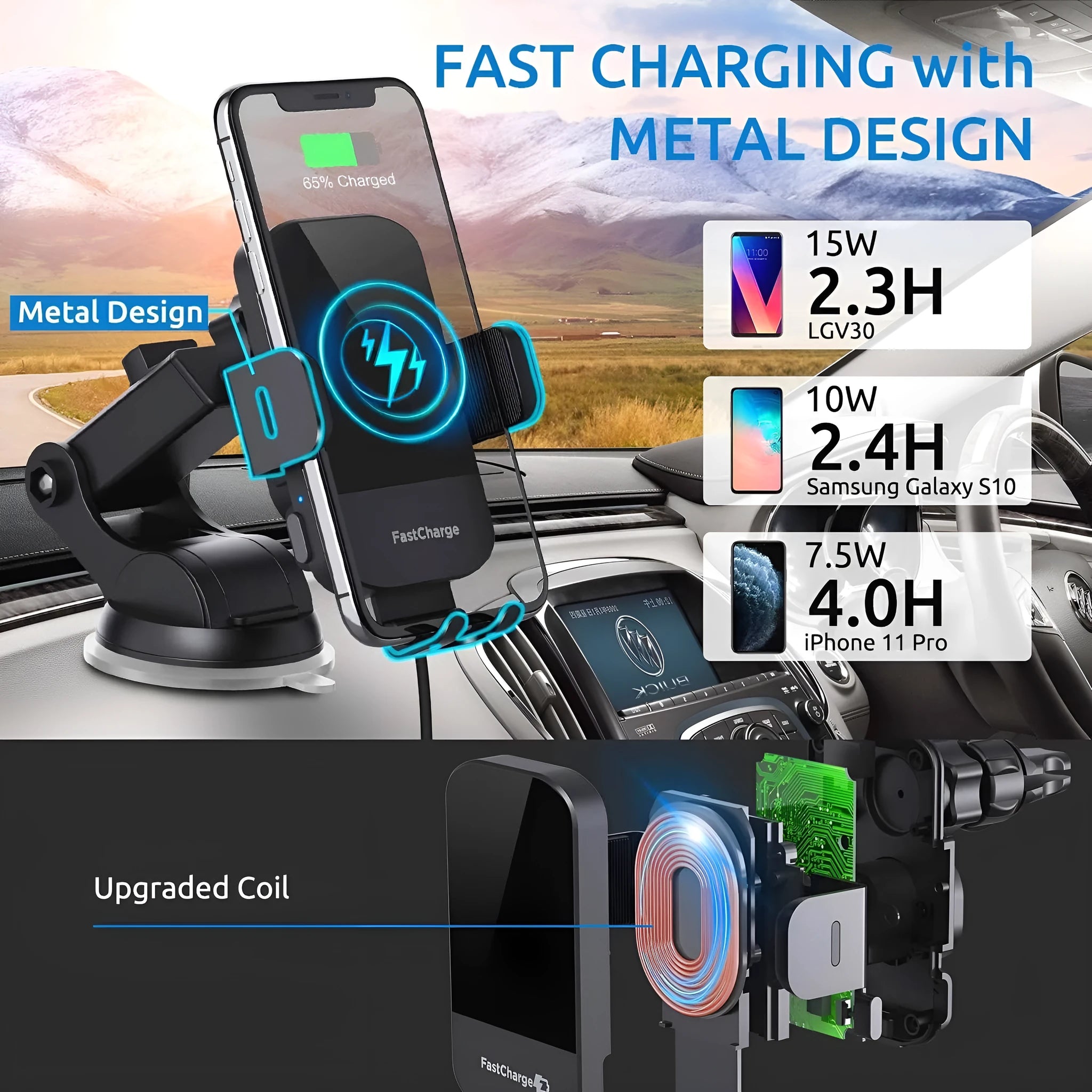 Black car wireless charging stand with 15W fast charging, shown with air vent clip and dashboard tripod mounting options.